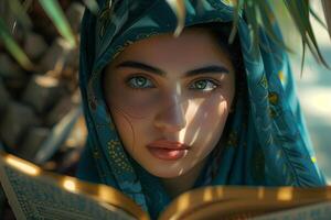 A woman in a blue shawl reading a book photo