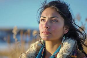 A woman in a native outfit looking up photo