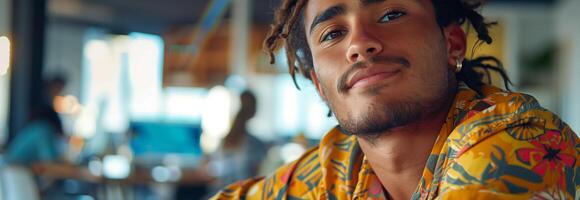 A man with dreadlocks is looking at the camera photo