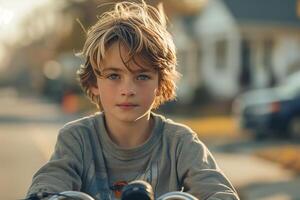 A young boy on a bike in the street photo