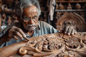 An old man working on a carved wooden piece photo