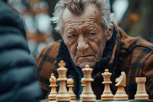 An older man playing chess with another person photo