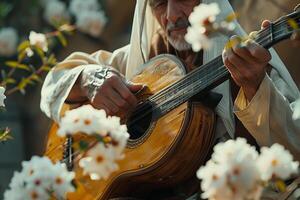 An old man playing a guitar in front of flowers photo