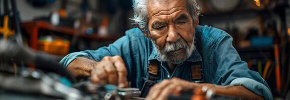 An older man working on a car in a garage photo