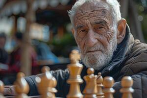 An elderly man playing chess in a park photo