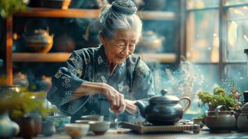 An elderly woman is preparing tea in a kitchen photo