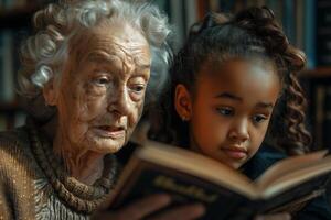 An older woman and a young girl reading a book photo