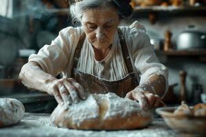 An elderly woman is making bread in a kitchen photo