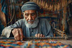 An old man with a beard and turban is working on a loom photo