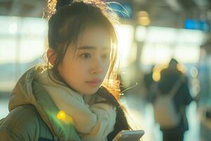 A woman is looking at her phone photo