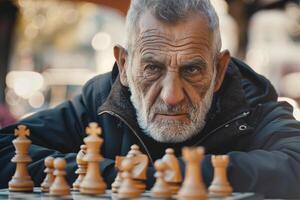 An older man playing chess on a board photo