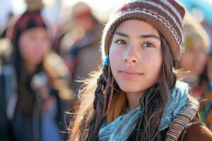 A young woman with long hair and a hat photo