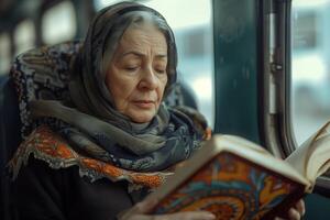 An older woman reading a book on a train photo