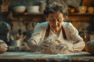 An elderly woman is making bread in the kitchen photo