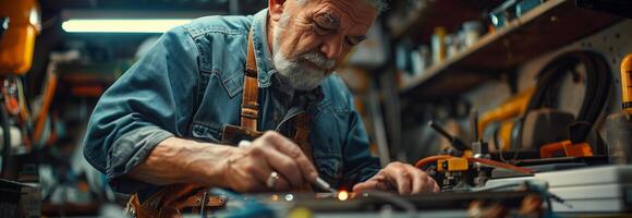 An old man working on a piece of metal photo