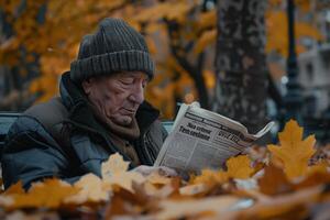 An elderly man is reading a newspaper in the fall photo