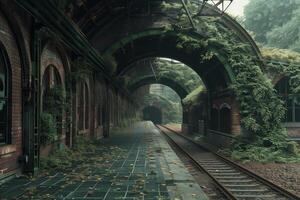 A train track is surrounded by green plants photo