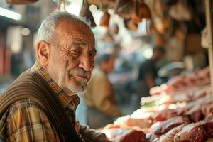 An old man standing in front of meat photo