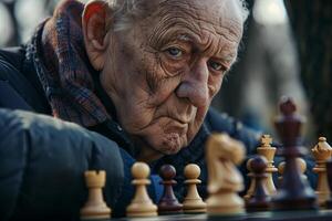 An elderly man is playing chess photo