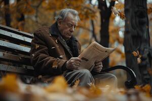 An older man sitting on a park bench reading a newspaper photo