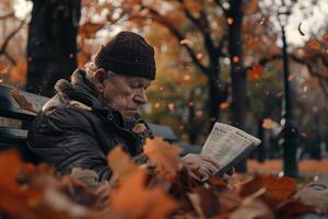 An elderly man reading a newspaper in the fall photo