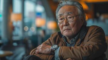 An older man with glasses sitting in a cafe photo