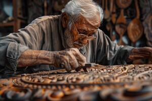 An old man working on a wooden carving photo
