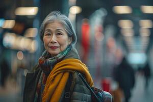 An older woman with a scarf and coat walking through an airport photo
