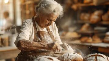 An elderly woman is making bread in a bakery photo