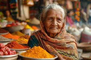 An elderly woman stands in front of bowls of spices photo