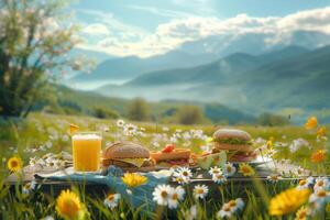A picnic in the mountains with a sandwich and juice photo
