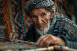 An old man with a beard and a turban is weaving photo