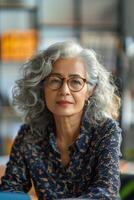 Portrait of a mature woman with grey hair and glasses photo