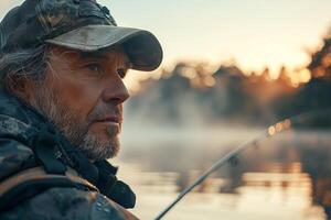 A man in a hat and jacket is fishing photo