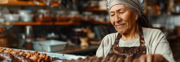 An older woman is smiling while making chocolate photo
