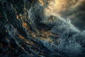A large wave breaking on the ocean at sunset photo