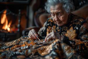 An elderly woman is sewing on a quilt photo