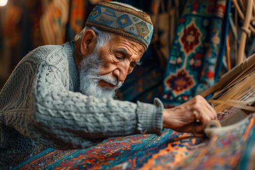 An old man weaving a rug photo