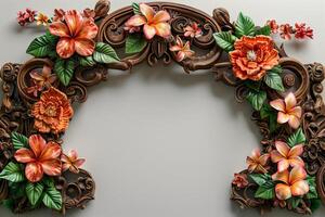 A decorative wooden arch with flowers on it photo