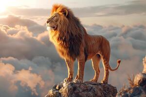 A lion stands on top of a mountain with clouds in the background photo