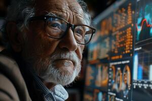An older man with glasses looking at a computer screen photo