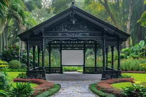 A gazebo in a park with a large white board photo