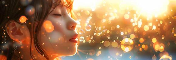 A girl blowing bubbles in the air with a sun shining behind her photo