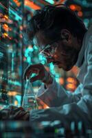 A man in a lab coat is working on a computer photo