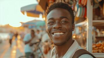A smiling young man in front of a market photo