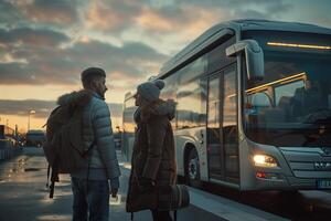 A man and woman standing next to a bus photo