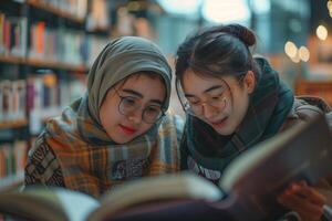 Two young women in hijab reading a book in a library photo