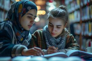 Two young women in hijab studying in a library photo