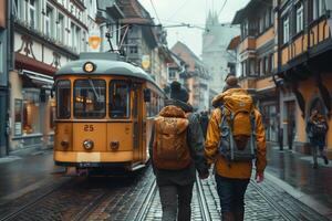 Two people walking down a street with a yellow tram photo