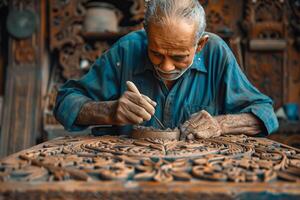 An old man working on a wooden carving photo